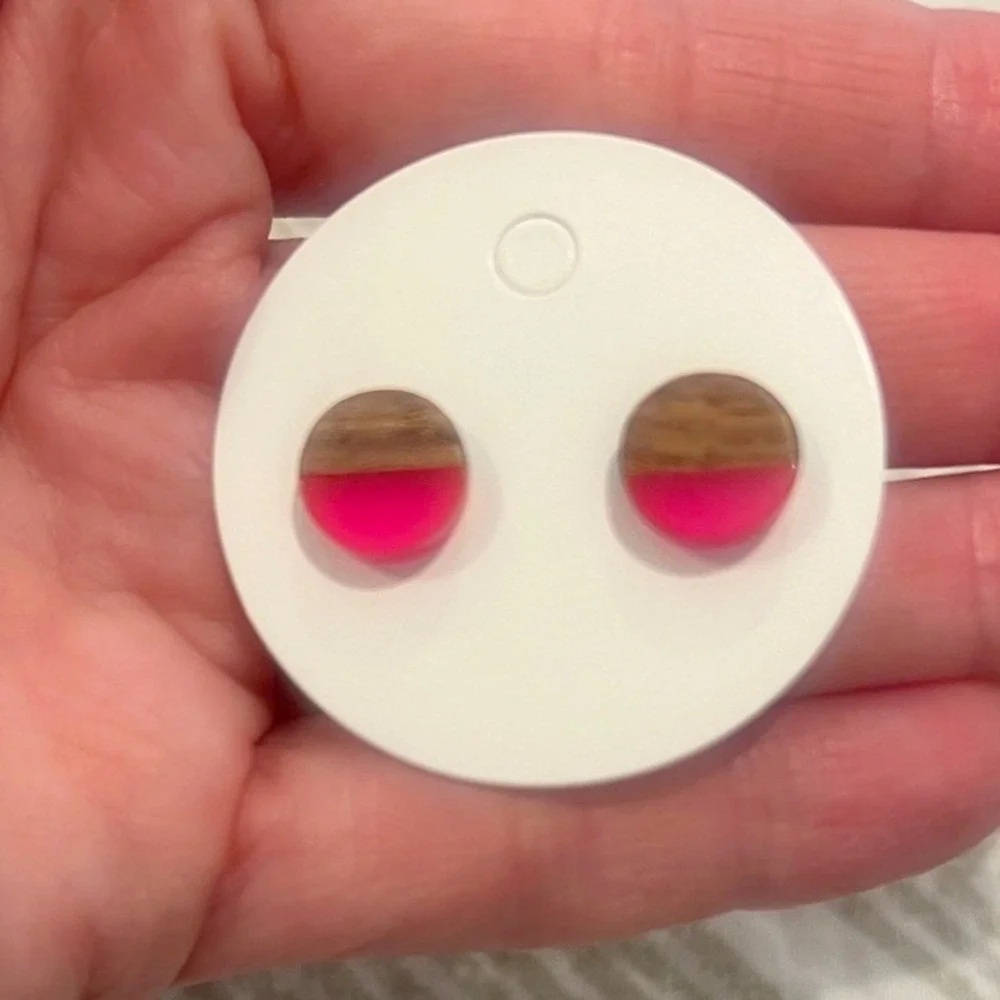 Pink Acrylic‎ and Wood Half-Moon Stud Earrings